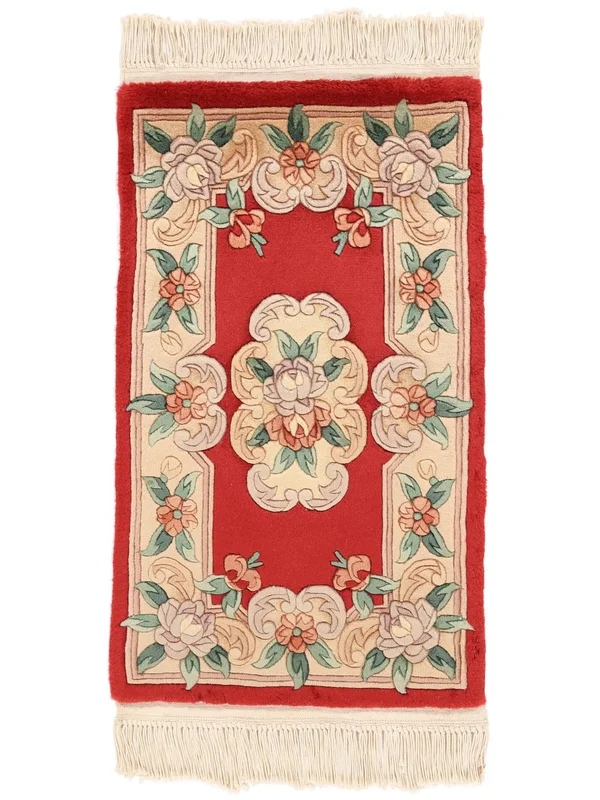 China 90 Line Rug Hand Knotted 52X89 Beige/Dark Red