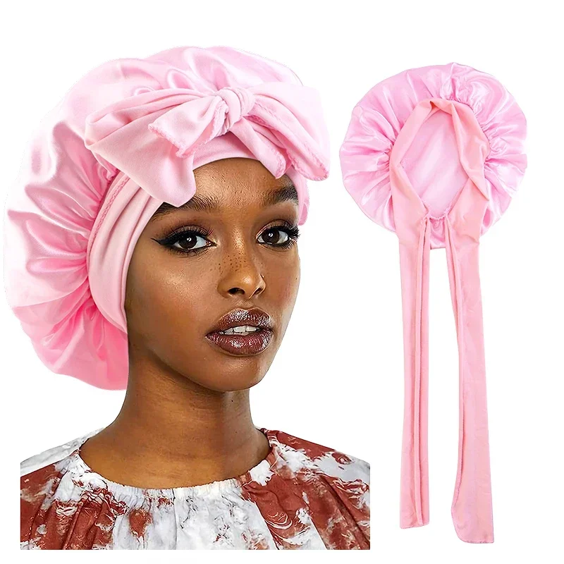 AliExpress - Nouveau Bonnet de couchage en Satin pour femmes, solide, large bande, cravate de tête extensible, Bonnet soyeux, bord enveloppant, bonnet