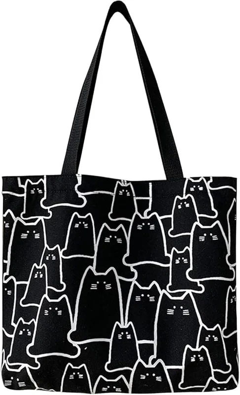 Katt Canvas Tote Bag, tote bag med glidelås, canvasveske, bomull gjenbrukbar handlepose med lomme, søte katt tote strandvesker estetiske