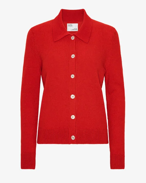 Women Merino Wool Collar Cardigan - Red Tangerine - L