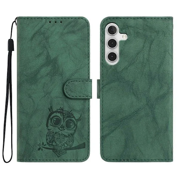 【BQ】Case for Samsung Galaxy A56 5G, Owl Embossed PU Leather Wallet Case with Wrist Strap - Green