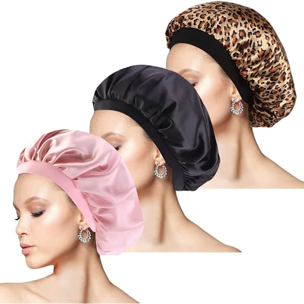 3 stk silkebonnet satengbonnet hårbonetter elastisk bredt bånd natt søvnbonnet myk sateng sovelue lue for kvinner sovende jente hårpleie