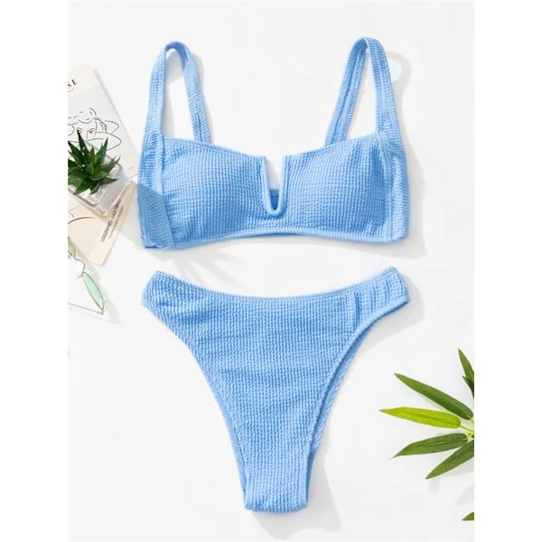 Baddräkt Rynkad V-ringad Dam Baddräkt Hög Midja Bikini Kvinnor Tvådelad Bikini Set Badkläder Himmelsblå