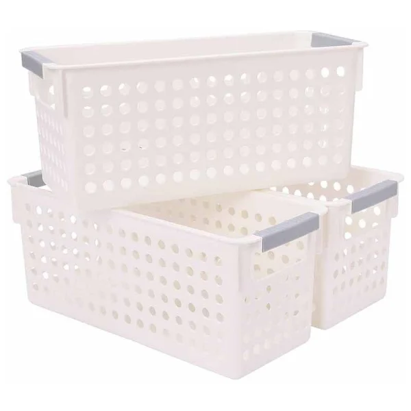 Small Plastic Storage Baskets, Kitchen Storage, Storage Basket for Shelf, Living Room, Bedroom, 3-Pack (White, S)