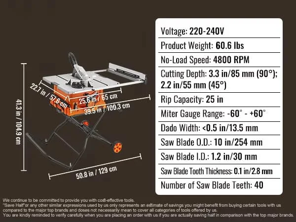 10" 8A Bärbar Bänksåg - 25" Klyvkapacitet, 40T Blad för Träbearbetning DIY - Med Stativ