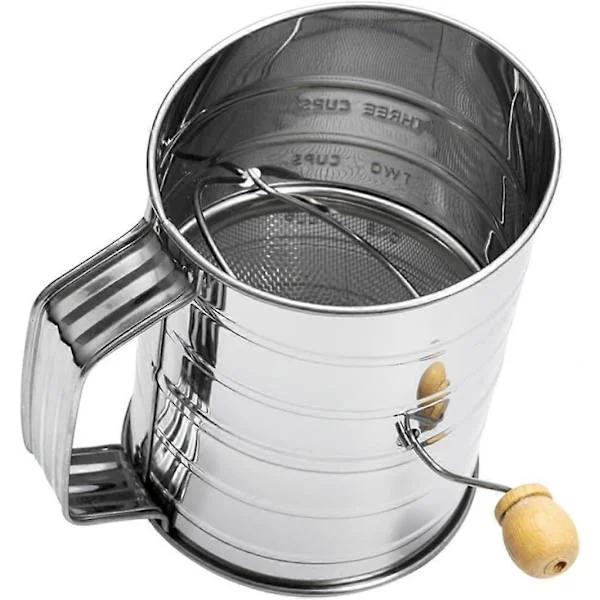 Mjölsikt i rostfritt stål, handdriven mjölsikt med skala för bakning och matlagning av torra ingredienser