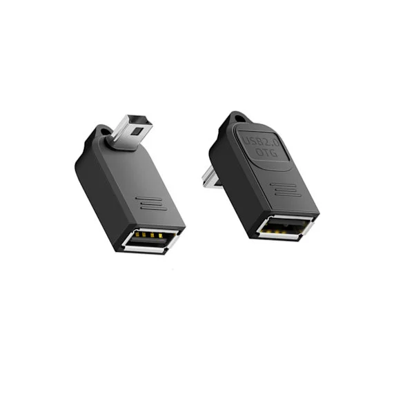 Rätvinklig Mini USB-hane till USB-A-hona OTG-adapter 4-pack med nyckelring, USB2.0 480Mbps, 5V/1A laddningsstöd, svart ABS för telefoner, surfplattor