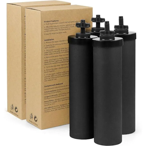 Förpackning med 4 filter för vattenfiltreringssystem – Kokosnöt aktivt kol – Filtrering upp till 22 700 liter – Kompatibel med Berkey och Doulton