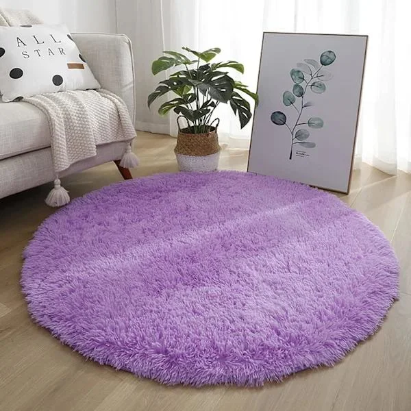 60 cm rund silkeslen ryamatta, långhårig matta, sängmatta, bekväm mjuk halkfri ryamatta, fluffig matta, lila