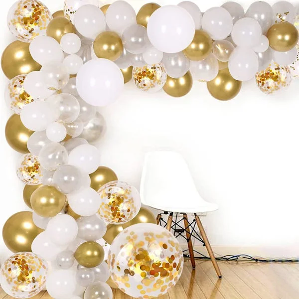 Balloon Arch & Garland Kit, 138 pcs Party Balloons Decoration Set, Gold Confetti & Silver & White & Transparent Balloons-FX-