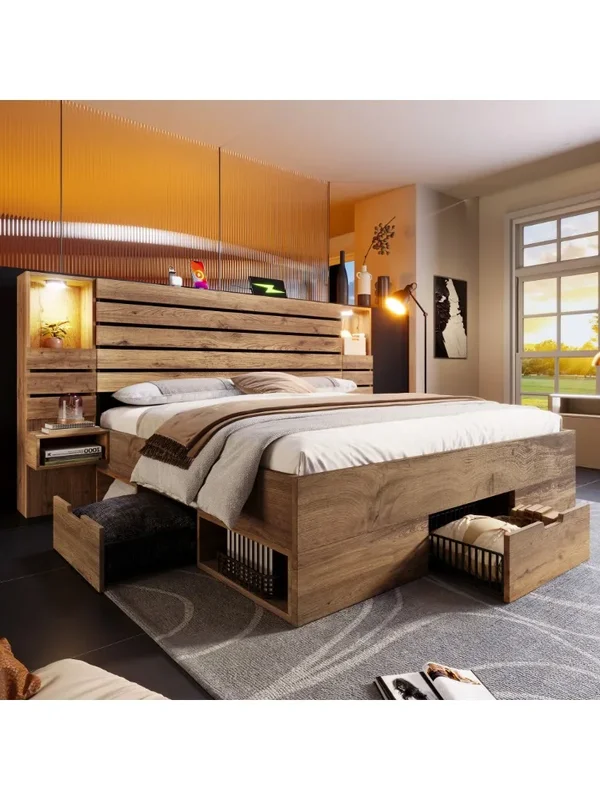 AliExpress - Holzbett mit LED-Downlights und USB Typ-C, beleuchteter Nische, schwebenden Nachttischen, Stauraum unter dem Bett mit Schubladen