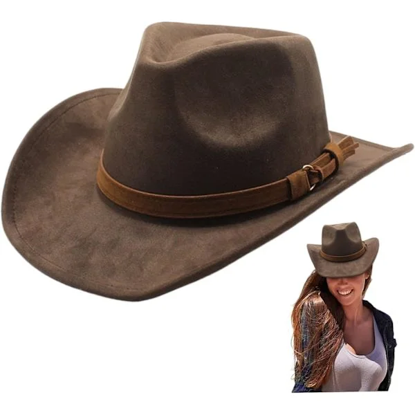 Brun cowboyhat, bredskygget cowboyhat westernhat brun cowboyhat med bæltespænde ruskind cowgirlhat til mænd og kvinder udklædningsfest