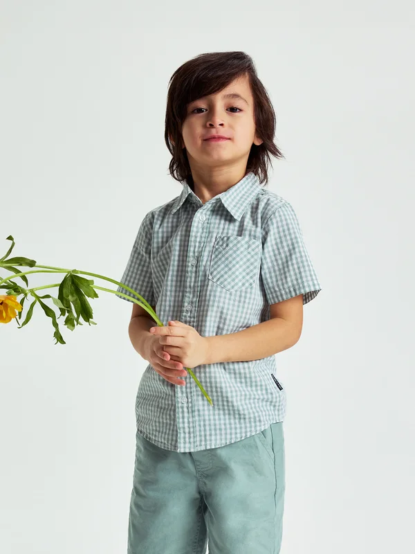 Polarn O. Pyret - Short-sleeved checked shirt - 104 - Childrenswear - green