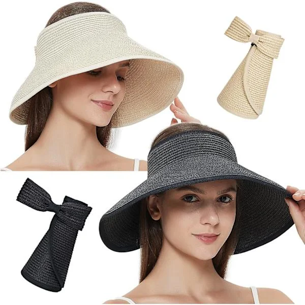 Sommar Dam Tom topp Solskydd Stråhatt Bredbrättad Vikbar Strand Solhatt Keps Slips Hästsvans Justerbar Mjuk hatt med rosett (2-pack Beige & Svart)