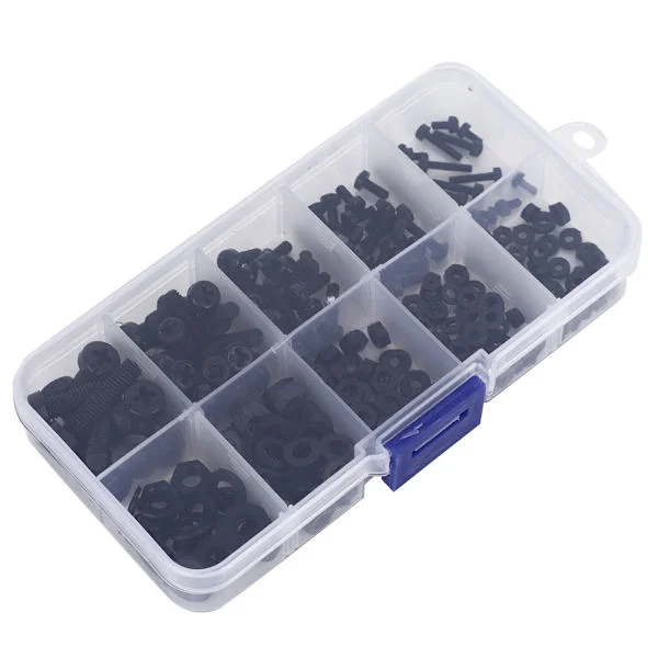 270-dels M2/M2.5/M3/M4/M5 Nylon Skruv Mutter Brick Sortiment Kit Hårdvara Fästelement Svart