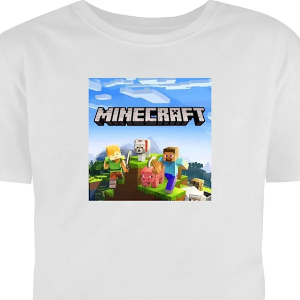 T-shirt til Voksen | Klassisk Voksen T-shirt Hvid Stor Farverigt motiv med Minecraft-karakterer, dyr og klodset verden i klassisk spillemiljø