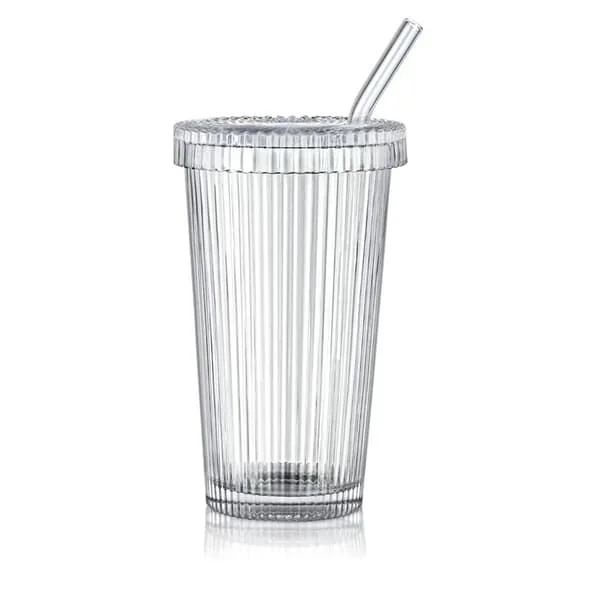 Glas Tumbler Stripete Glasskopp Kaffekopp Med Lokk Og Sugerør LOKK