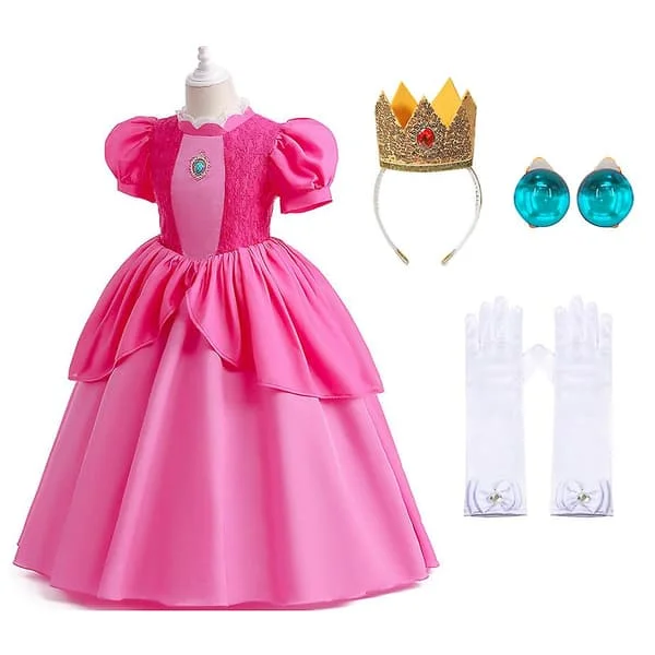 4 st Flickor Prinsessa Peach Klänning Super Brothers Cosplay Kostym Festklänning Outfit Rollspel Rosa