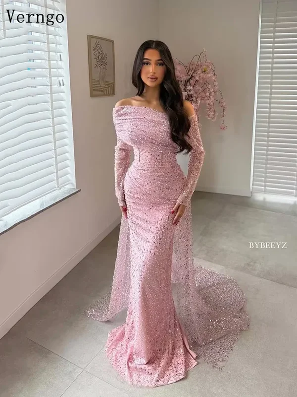 AliExpress - Verngo Rosa Abendkleid mit Pailletten, schulterfrei, volle Ärmel, formelles Kleid für besondere Anlässe שמלות ערב לאירועים