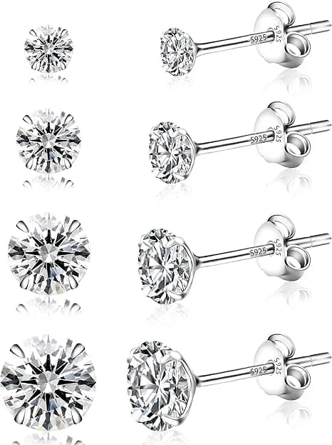 4 par øredobber i sterlingsølv for kvinner, øredobber for kvinner, størrelser 3/4/5/6 mm, hypoallergent øredobbsett, antioksidasjons elastisk 