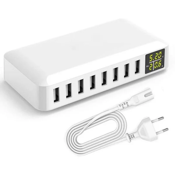 USB-laturi - 8-porttinen älykäs USB-laturi - 50W 8A moniporttinen USB-keskitin - LCD-näytöllä - Pikalataus - Seinälaturi - 1,20 metrin pituisella 