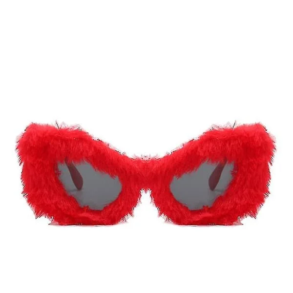 Plush Winter Sunglasses Cat Eye Fashion Sunglasses For Women (Red)