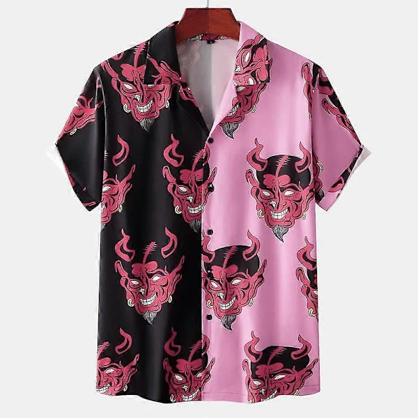 Herre Skjorte Hawaiiansk Cubansk Krave Djævleprint Mode Skjorte Til Mænd Streetwear Sommer Kortærmet Top Trendy Nyt Herretøj