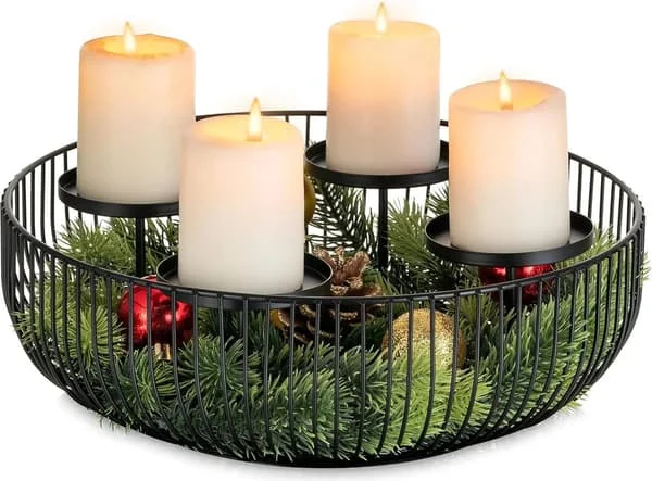 Moderne adventsstake i metall: Svart adventsstake, skål for 4 kronelys - bordkrans for advent- og juledekorasjon (lysdekorasjon ikke inkludert)