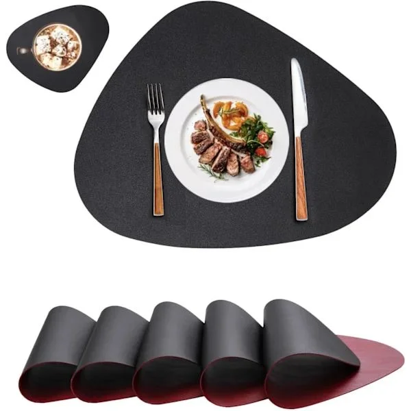 Black & Red Oval Placemats Set of 6, Faux Leather Placemats, Double-Sided Coasters for Round Tables, Waterproof Non-Slip Placemats