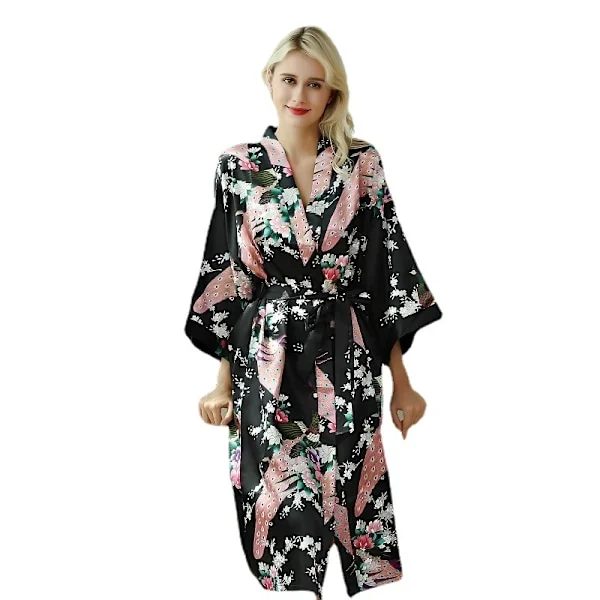 Blommig Mjuk Satin Kimono Morgonrock Bröllop Badrock Nattkläder Svart Dam