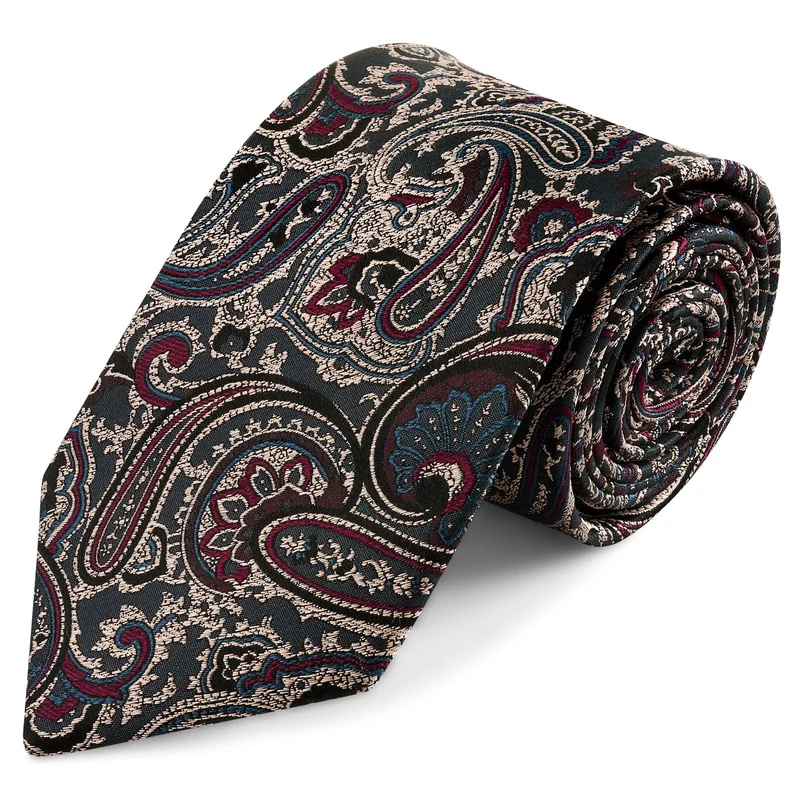Cravatta in seta con motivo paisley blu scuro e verde scuro | 8 cm per uomini - Cravatte fantasia