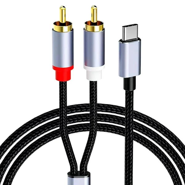 1m USB Type C til 2 RCA Lydkabel, USB Type C Hann til RCA Hann Y Splitter Lydkabel, Nylonflettet Phono Rød og Hvit Lyd DAC Kabel