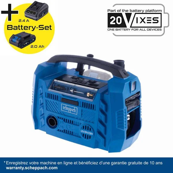 Airforce 6 sladdlös kompressor - maxtryck 10,3 bar - 6 tillbehör ingår - SCHEPPACH 20V IXES - 2Ah batteri + 2,4A laddare
