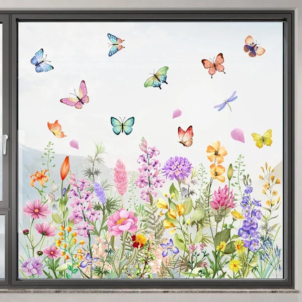 30*60 cm - Vinduesklistermærker - Blomster sommerfugle vinduesklistermærker - akvarel blomster - grønne planter blade vinduesklistermærker