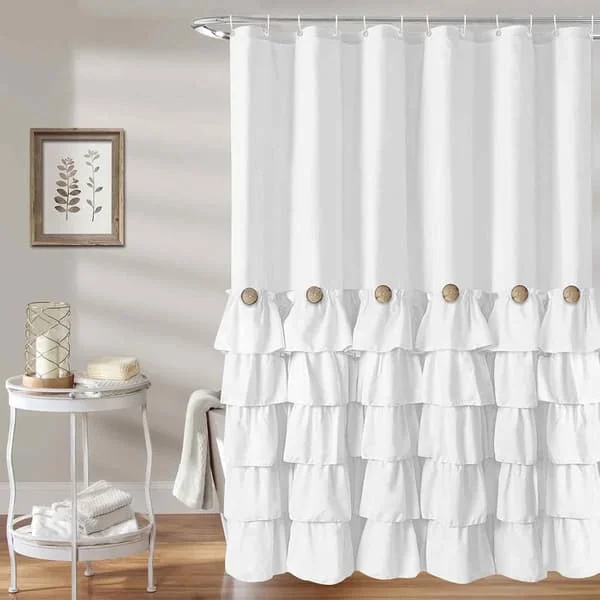 White Ruffle Shower Curtain Farmhouse Shower Curtain 183 x 183 cm Vintage Shower Curtains with Buttons & White Ruffles for Bathroom Bathtub Decor Acce