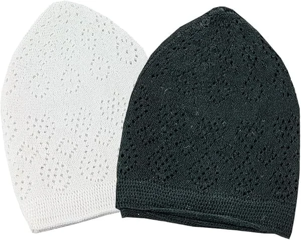 [KK] Turkish Muslim Kufi Hats for Men, Taqiya, Takke, Peci, Islamic Caps, 2-Pack, Black-White, One Size