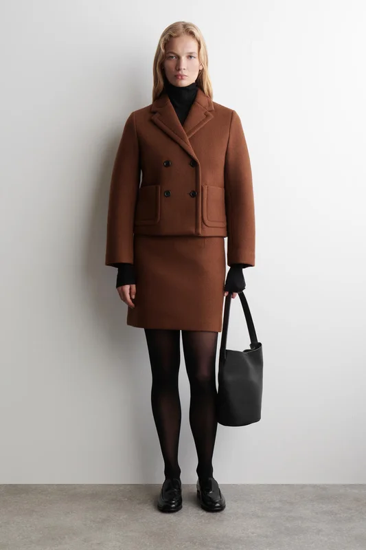 COS Women's Cropped Double Breasted Wool Blazer in Brown