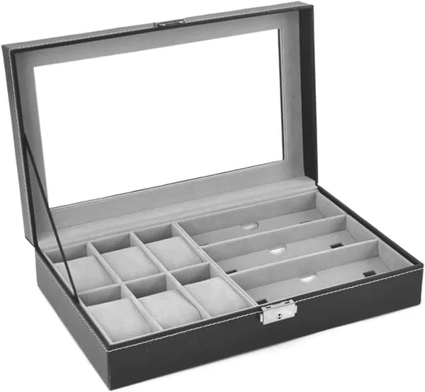 Læder 6 Ur og 3 Briller & Solbriller Boks med Smykke Display Case Organizer, Herre Dame Opbevaringsholder Bokse