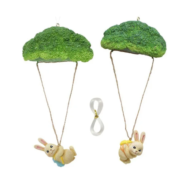 2 st Miniatyr Kanin Figurer Harts Kanin Statyer med Broccoli Fallskärm Hängande Kanin Dekorationer för Trädgårdsrabatter Fönsterbrädor