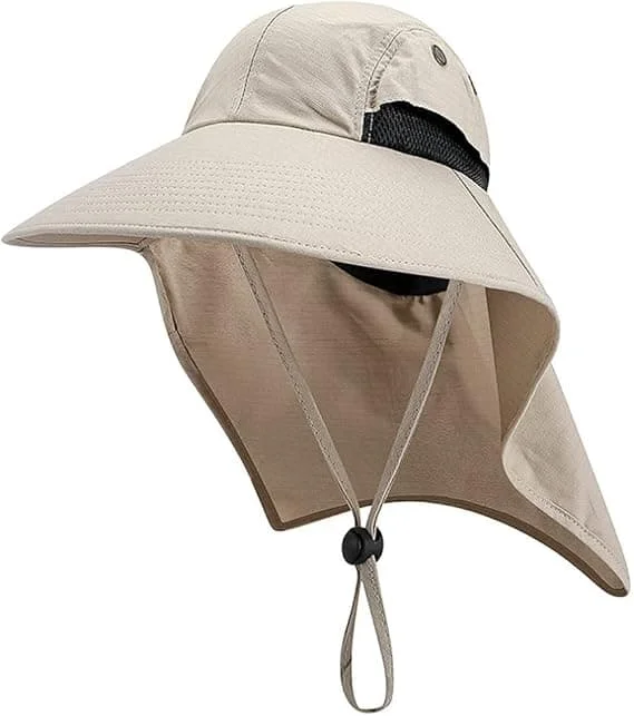 Solhat til kvinder med nakkeklap, bredskygget havehat til mænd Safari kasket UPF 50+ UV-beskyttelse Fiske Vandre Strandhat, Khaki