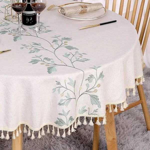 Rund dug 140 cm hør bomuld dug støvtæt vaskbar beige dug med grønne broderede blade