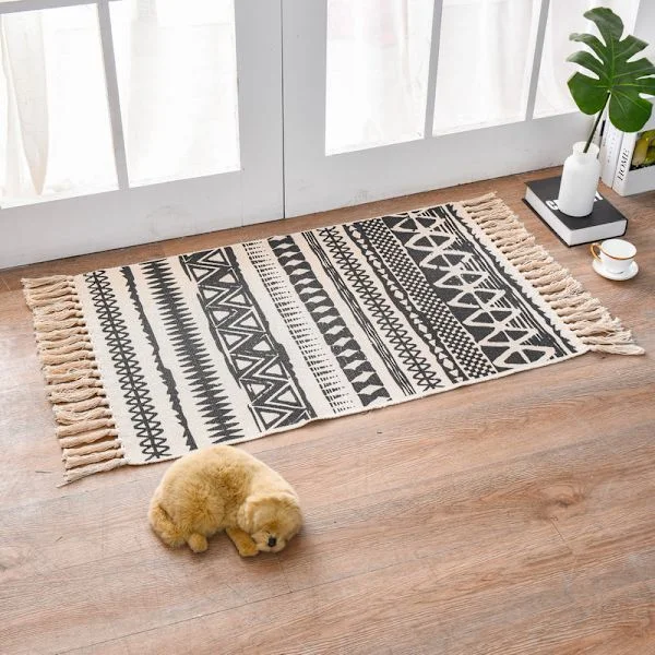Small Bohemian Woven Cotton Rug with Tassels, Washable, 90 x 60 cm, Rustic, Bohemian, Vintage Style, for Kitchen, Entryway, Indoor
