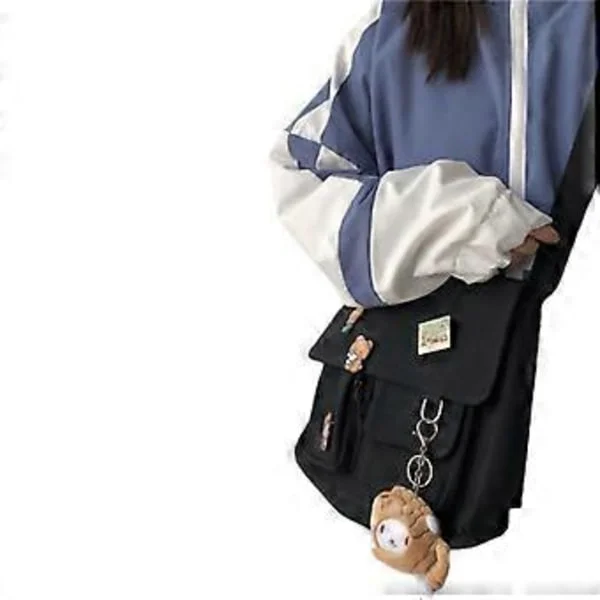 [SC]Canvas Messenger Bag with Kawaii Pin and Pendant Women Girls Casual One Shoulder Messenger Bag Student School Bag, 30*23*9cm, Black
