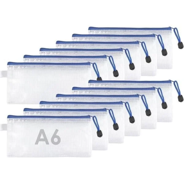 Förpackning med 12 A6 Plastfickor med Dragkedja, Transparenta Fickor med Dragkedja - Vattenresistent PVC