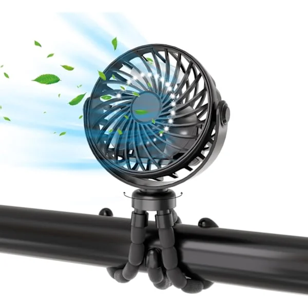 Mini Stroller Fan, Fan with Flexible Tripod, Portable Multifunctional Fan – Rechargeable, 360° Rotation, with Night Light & Stand
