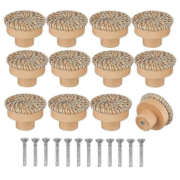 Boho Rattan Dresser Knobs Round Wooden Drawer Knobs Handmade Woven Basket And Screws For Boho Furniture