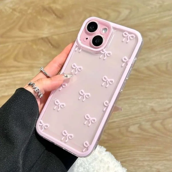 Fodral för iPhone 15, Transparent Söt Rosettmönster Estetiskt Transparent Telefonfodral Upphöjt Kameraskydd för Flickor - Rosa iPhone 15 iPhone 15