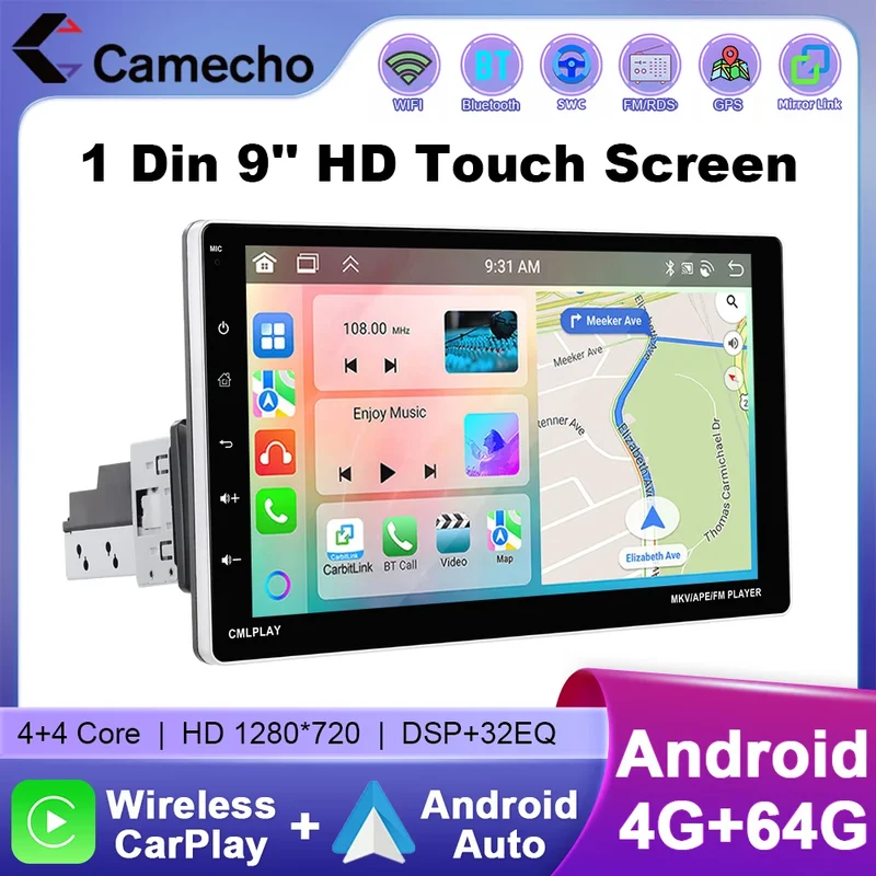 AliExpress - Camecho 9 "4 + 64G Drahtlose Carplay Android Auto Auto Radio Stereo Swing Bildschirm 1DIN Autoradio GPS stereo Bluetooth Wifi Multimedia