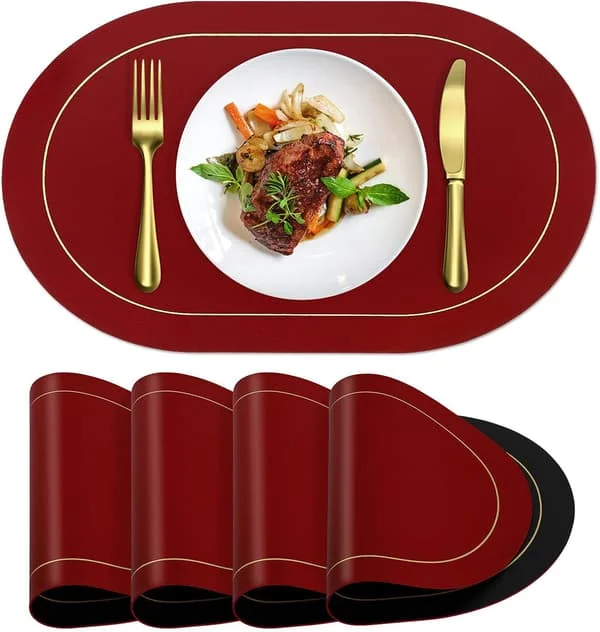 [LLC] Faux Leather Placemats, Set of 4 - Double-Sided Color, Oval Design, Table Mats, Waterproof, Washable, Heat Resistant for Indoor Use