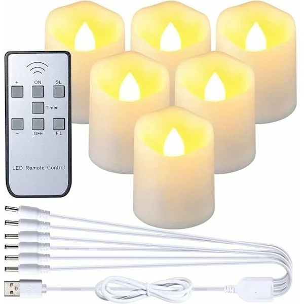 Oppladbare LED-lys, 6-pakning flammeløse lys med fjernkontroll, flimrende telys med USB-ladekabel for Halloween Hjem-XF6--tfrf